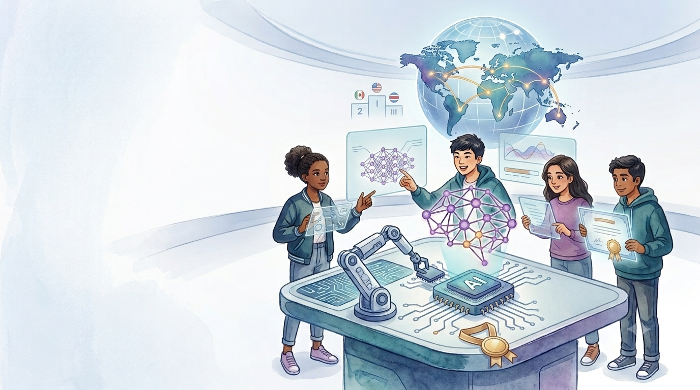 Students building an AI project with a robotic arm, a neural-network visualization and a global leaderboard