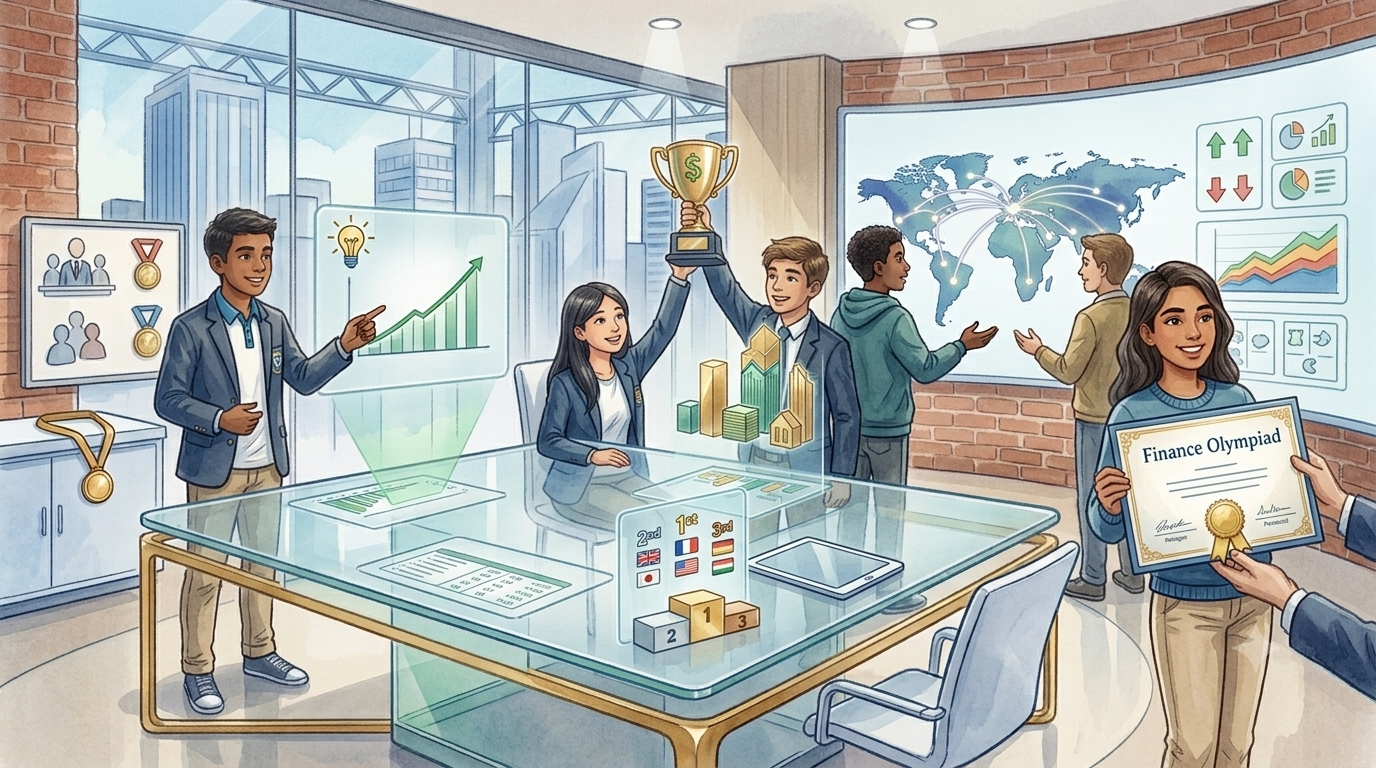 Students celebrating a Finance Olympiad trophy win, with growth charts and a global ranking board